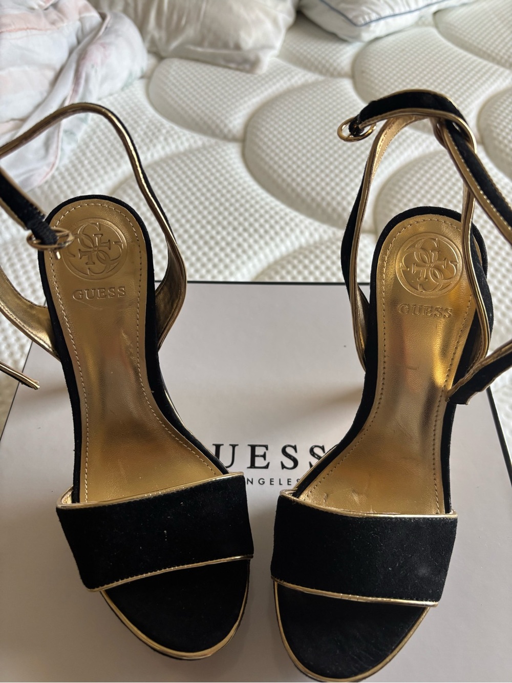 GUESS Black and Gold Open-Toe Ankle Strap Heels